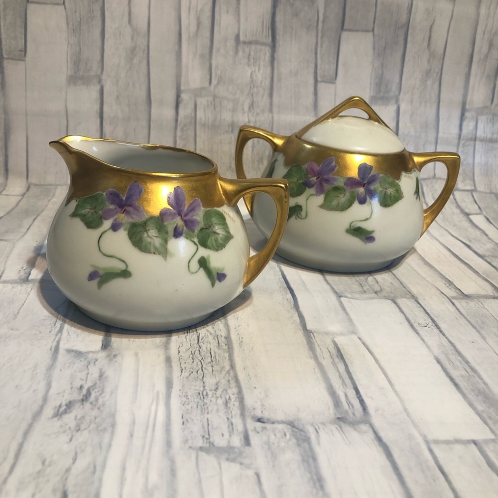 Floral Cream and Sugar Set with Gold Accents